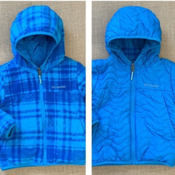 Children’s Columbia Reversible Fleece Puffer Jacket Hooded Blue Plaid - Picture 1 of 9